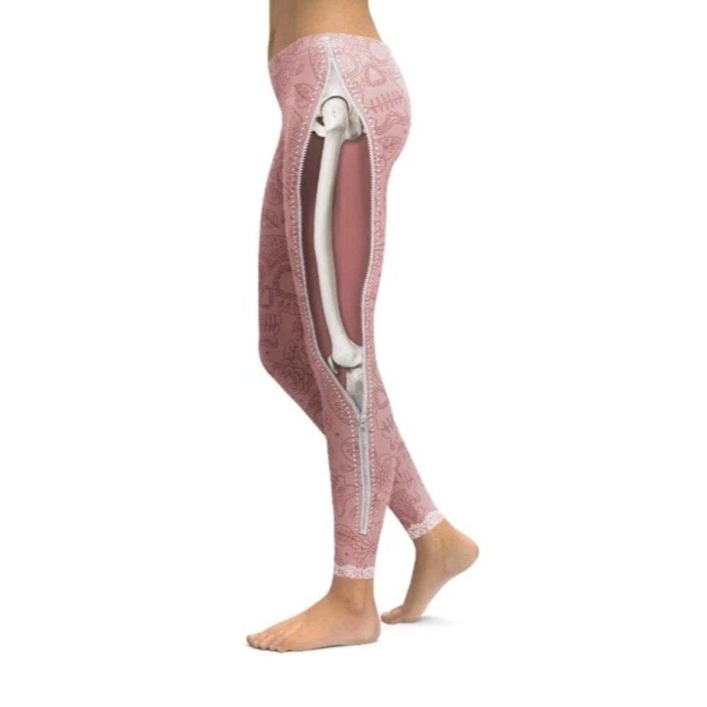 Gearbunch Pink Sugar Skull Realistic Skeleton Zipper Leggings Medium Athleisure